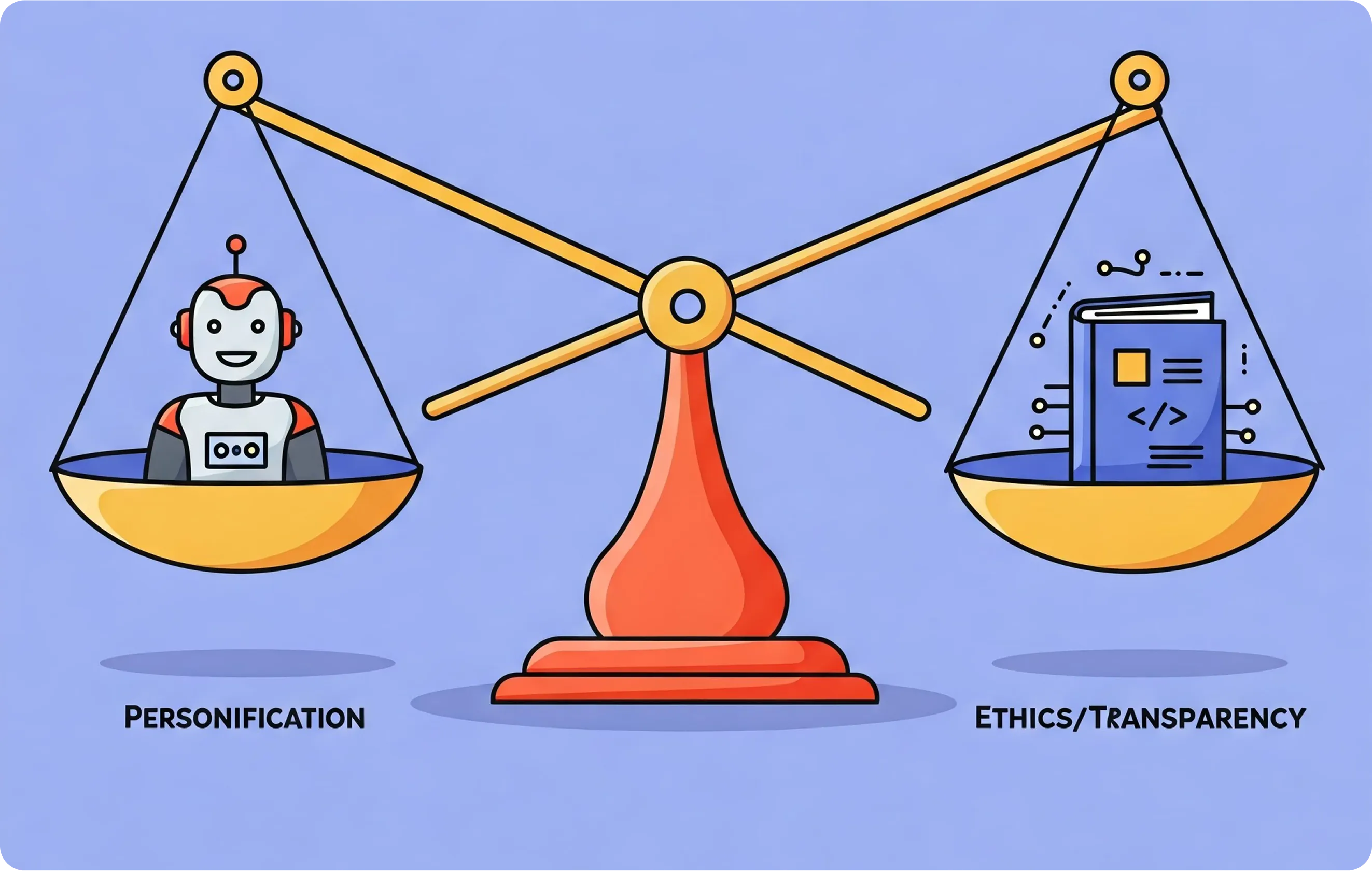 A vector illustration for Space Inventive's blog accompanying an article on ensuring ethical and transparent AI through UX design. The image depicts a classic balance scale.